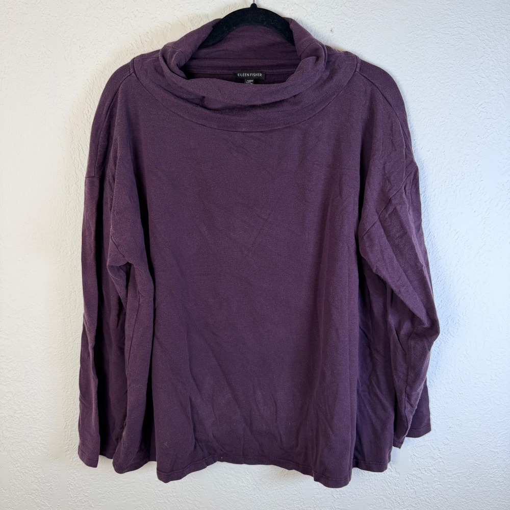Eileen Fisher Purple Tencel Organic Cotton Funnel Neck Tunic Top Large
